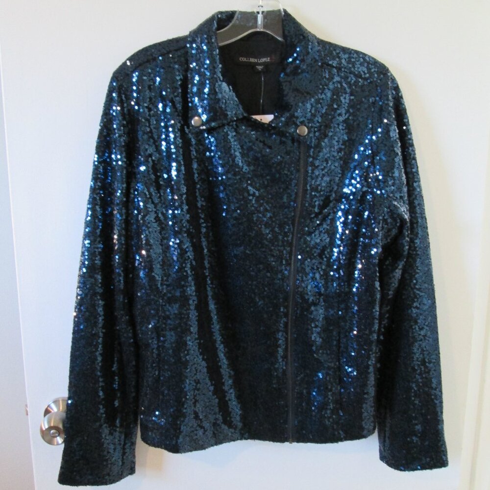 ✨ Colleen Lopez Blue Sequin Moto Jacket – Size XL – NWT ✨